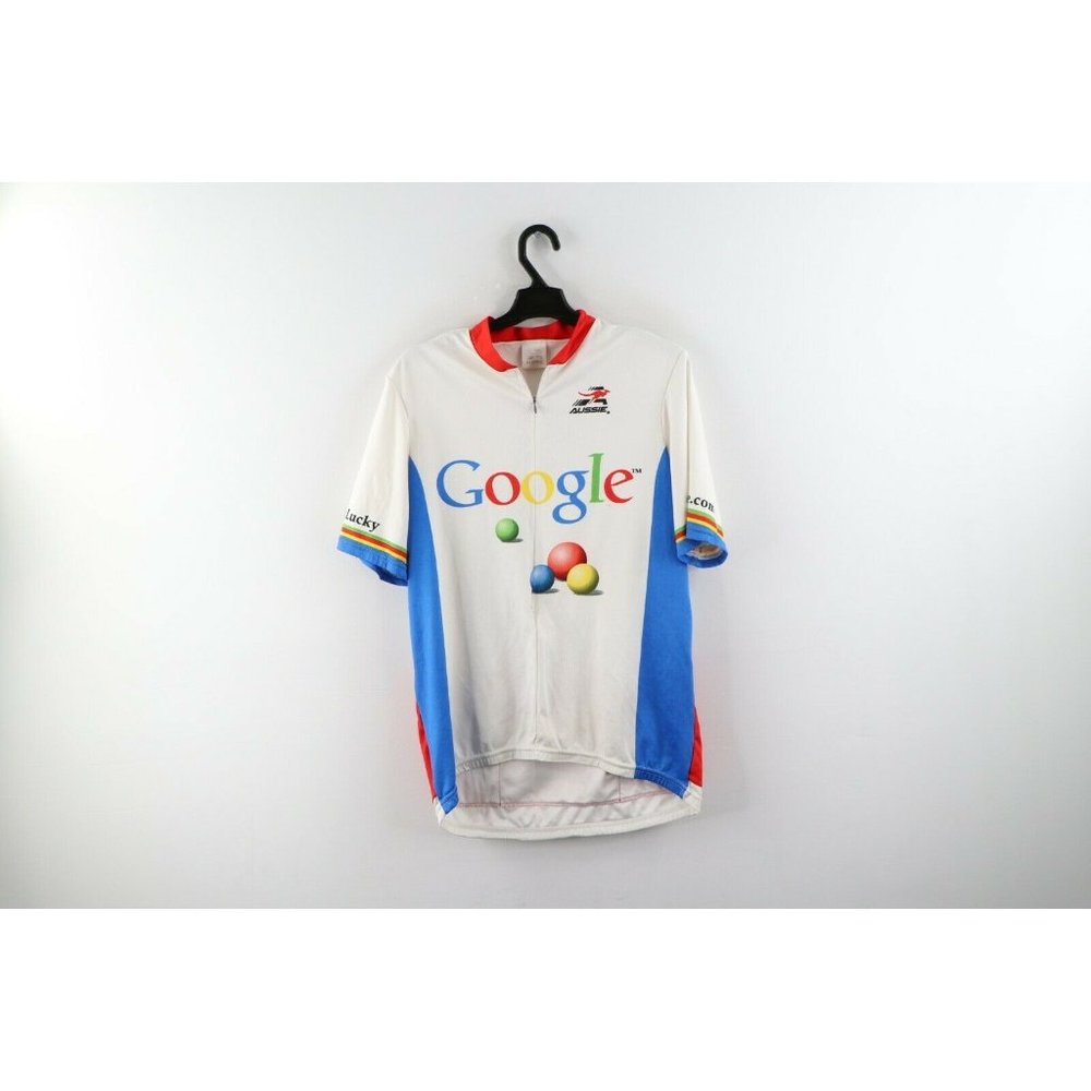 Vintage Google Mens XL Spell Out I'm Feeling Lucky Bicycle Cycling Jersey White